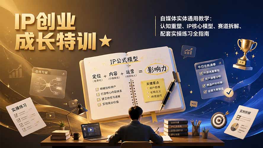 IP创业成长特训★自媒体实体通用教学:认知重塑、IP核心模型、赛道拆解、配套实操练习全指南