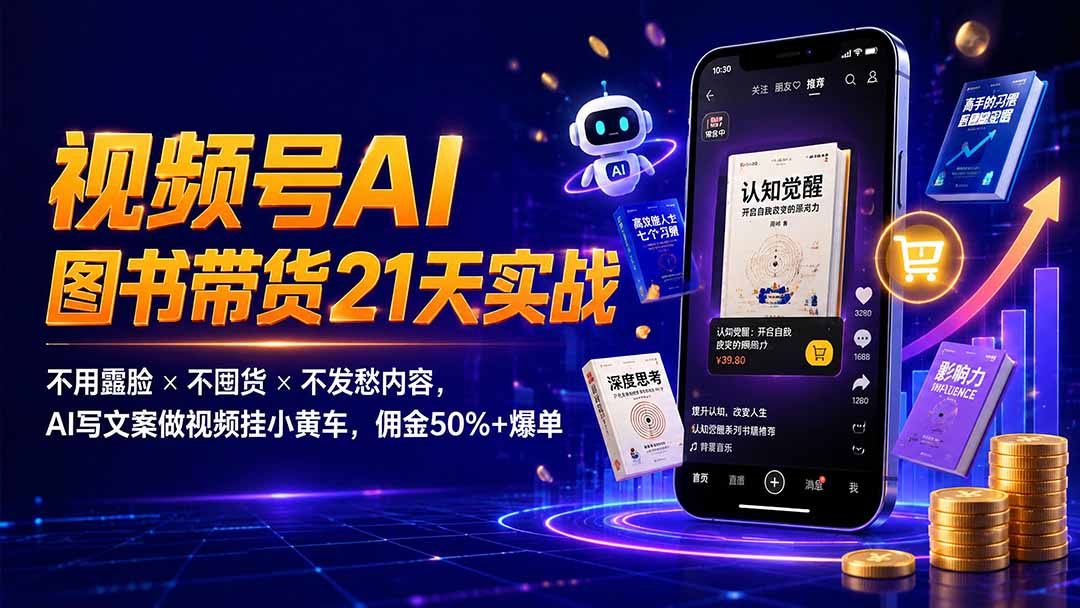 繁花视频号AI图书带货21天实战:不用露脸×不囤货×不发愁内容,AI写文案做视频挂小黄车,佣金50%+爆单-创业信息网