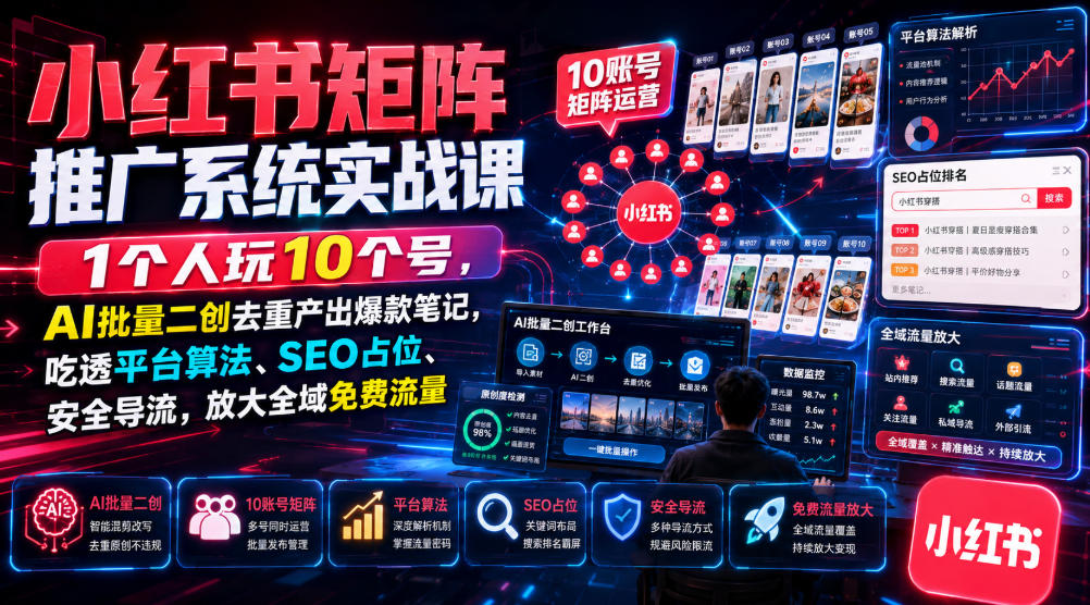 小红书矩阵推广系统实战课｜1个人玩10个号，AI批量二创去重产出爆款笔记，吃透平台算法、SEO占位、安全导流，放大全域免费流量-创业信息网