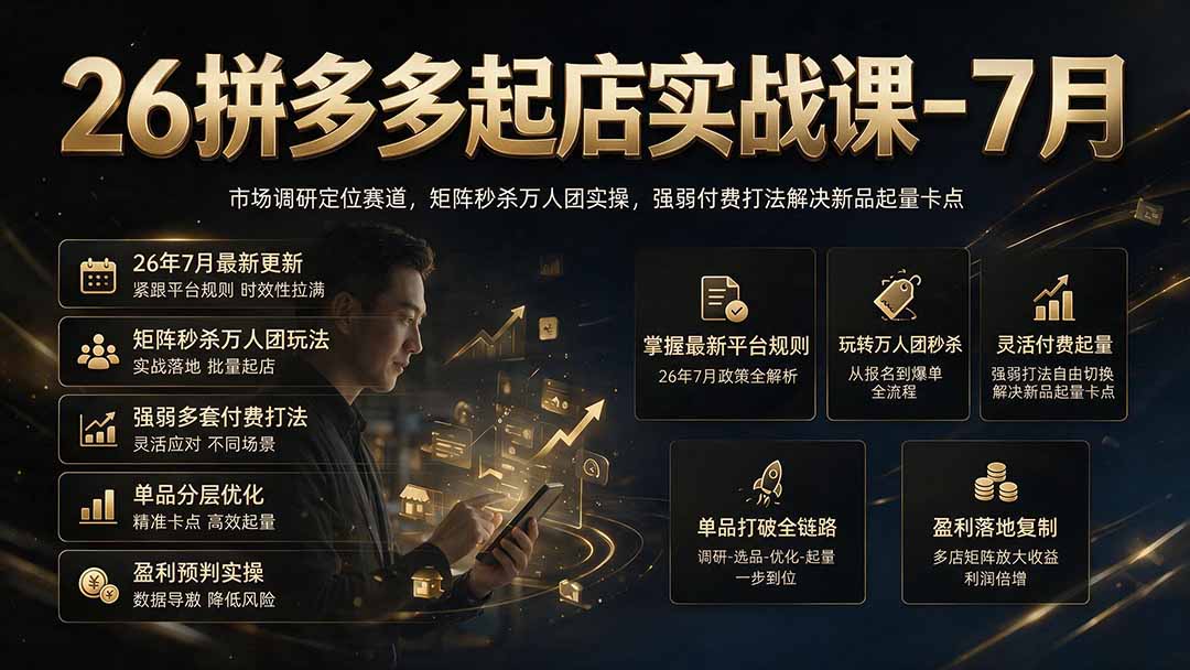 26拼多多起店实战课-7月｜市场调研定位赛道，矩阵秒杀万人团实操，强弱付费打法解决新品起量卡点-创业信息网