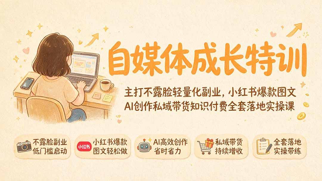 自媒体成长特训|主打不露脸轻量化副业,小红书爆款图文AI创作私域带货知识付费全套落地实操课