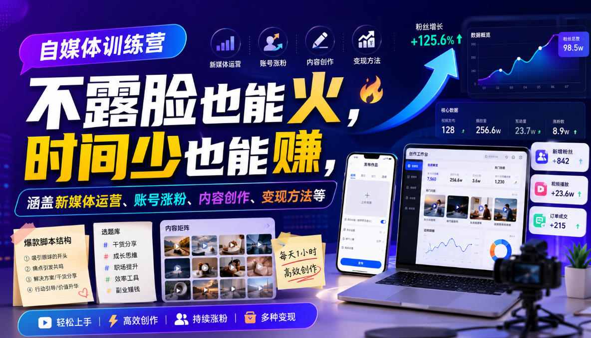 自媒体训练营，不露脸也能火，时间少也能賺，涵盖新媒体运营、账号涨粉、内容创作、变现方法等-创业信息网