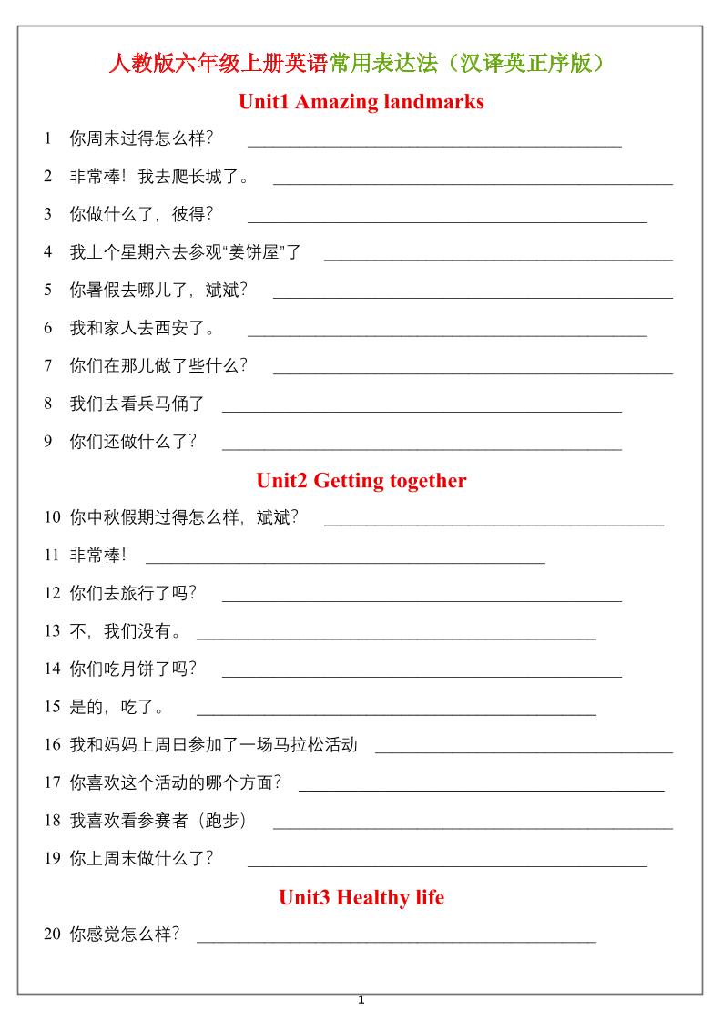 六年级上册英语常用表达法(汉译英)正序版+乱序版-创业信息网