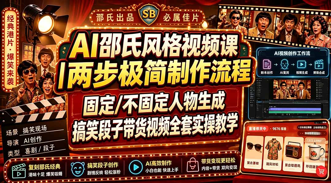 AI邵氏风格视频课｜两步极简制作流程，固定/不固定人物生成，搞笑段子带货视频全套实操教学-创业信息网