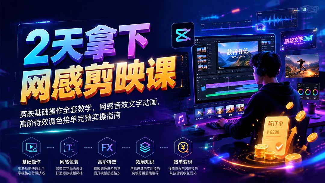 2天拿下网感剪辑课|剪映基础操作全套教学,网感音效文字动画,高阶特效调色接单完整实操指南