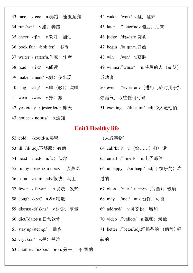 六年级上册英语单词（背诵表）