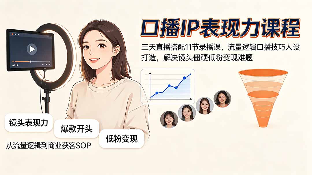 口播IP表现力课程｜三天直播搭配11节录播课，流量逻辑口播技巧人设打造，解决镜头僵硬低粉变现难题-创业信息网
