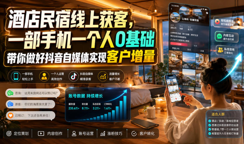 酒店民宿线上获客,一部手机一个人0基础带你做好抖音自媒体实现客户增量-创业信息网