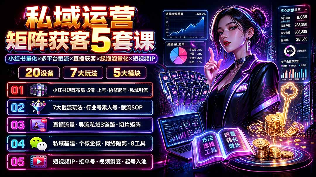 私域运营矩阵获客5套课:小红书量化×多平台截流×直播获客×绿泡泡量化×短视频IP×20设备×7大玩法-创业信息网