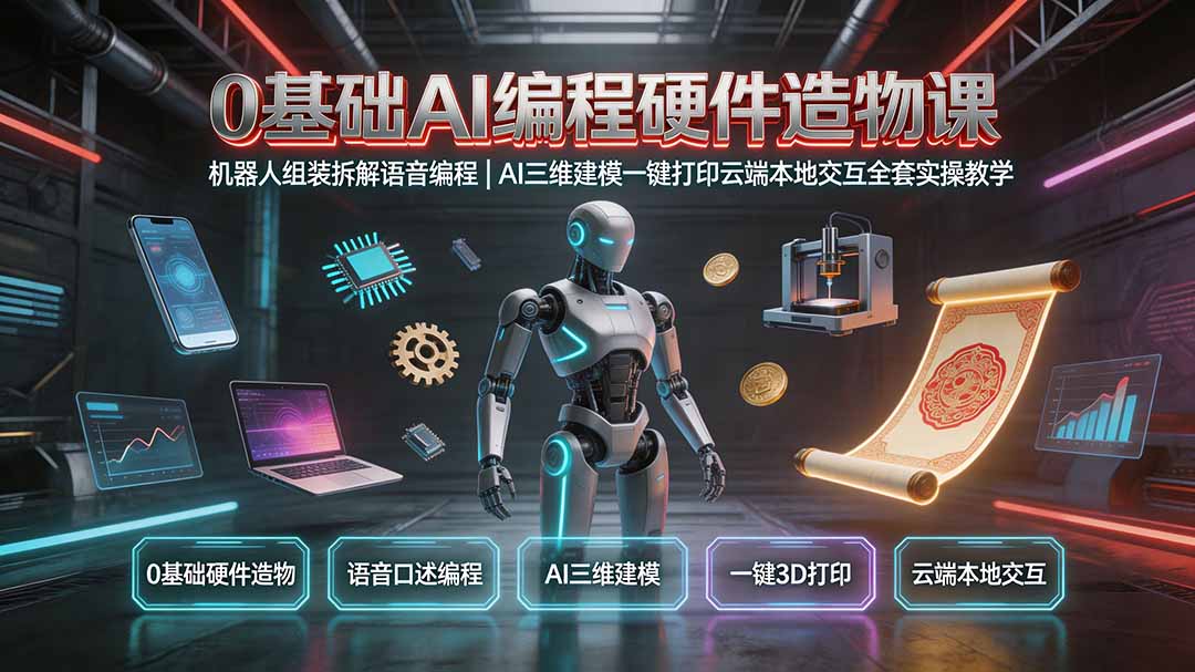 0基础AI编程硬件造物课|机器人组装拆解语音编程,AI三维建模一键打印云端本地交互全套实操教学-创业信息网