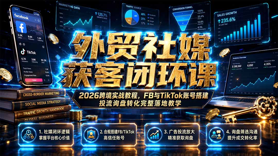 外贸社媒获客闭环课｜2026跨境实战教程，FB与TikTok账号搭建投流询盘转化完整落地教学-创业信息网