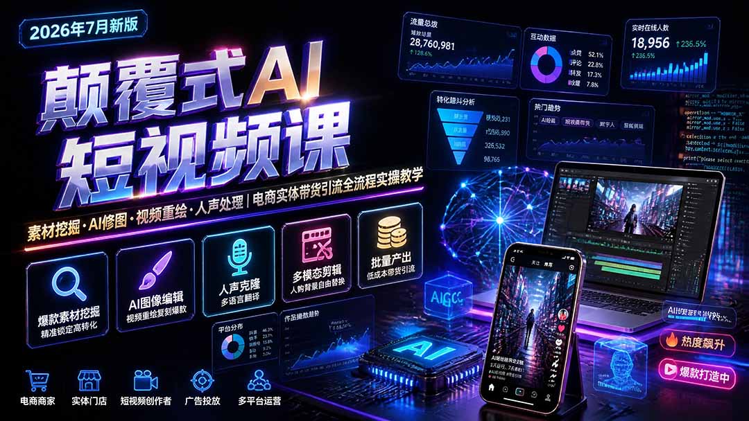颠覆式AI短视频课|素材挖掘,AI修图,视频重绘,人声处理|电商实体带货引流全流程实操教学-创业信息网