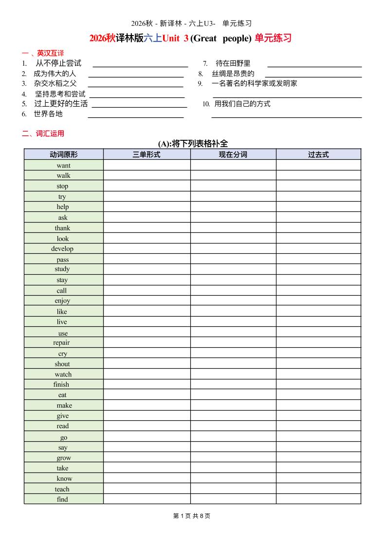 六上译林版英语Unit3单元练习2-创业信息网