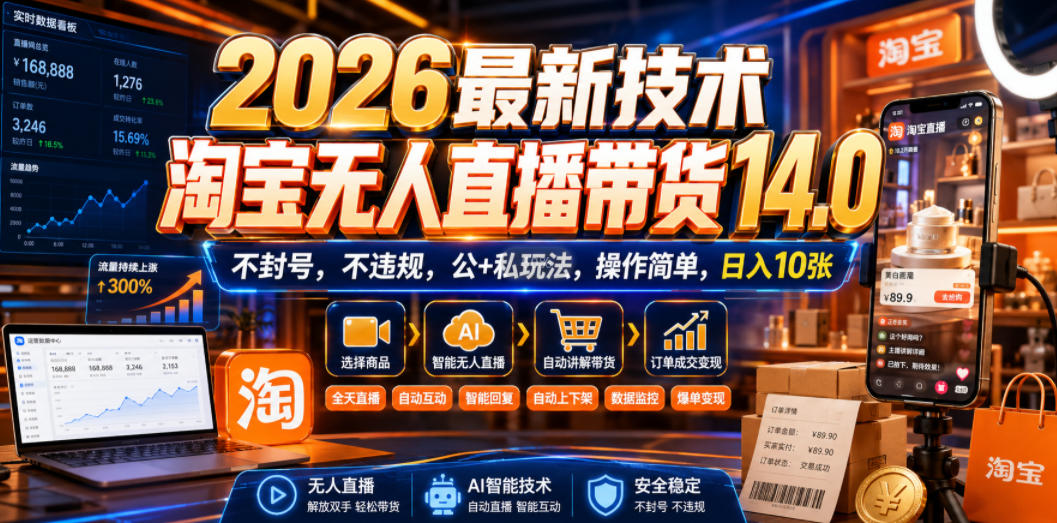 2026最新技术，淘宝无人直播带货14.0，不封号，不违规，公+私玩法，操作简单，日入10张【揭秘】-创业信息网