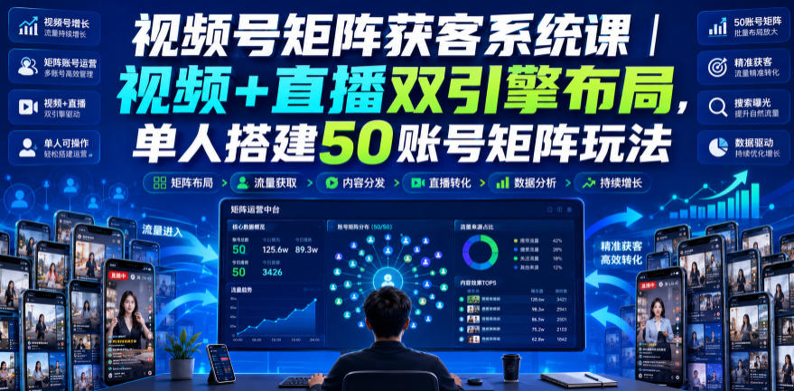 视频号矩阵获客系统课｜视频+直播双引擎布局，单人搭建50账号矩阵玩法，流量入池、搜索占位、全域引流沉淀私域全流程教学-创业信息网
