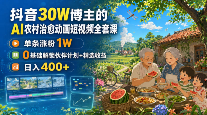 抖音30W博主的AI农村治愈动画短视频全套课|单条涨粉1W,0基础解锁伙伴计划+精选收益,日入400+-创业信息网