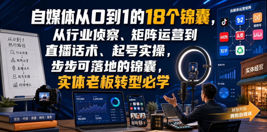自媒体从0到1的18个锦囊,从行业侦察、矩阵运营到直播话术、起号实操,步步可落地的锦囊,实体老板转型必学-创业信息网