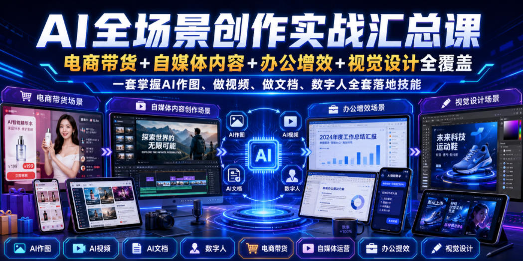 AI全场景创作实战汇总课｜电商带货+自媒体内容+办公增效+视觉设计全覆盖，一套掌握AI作图、做视频、做文档、数字人全套落地技能-创业信息网