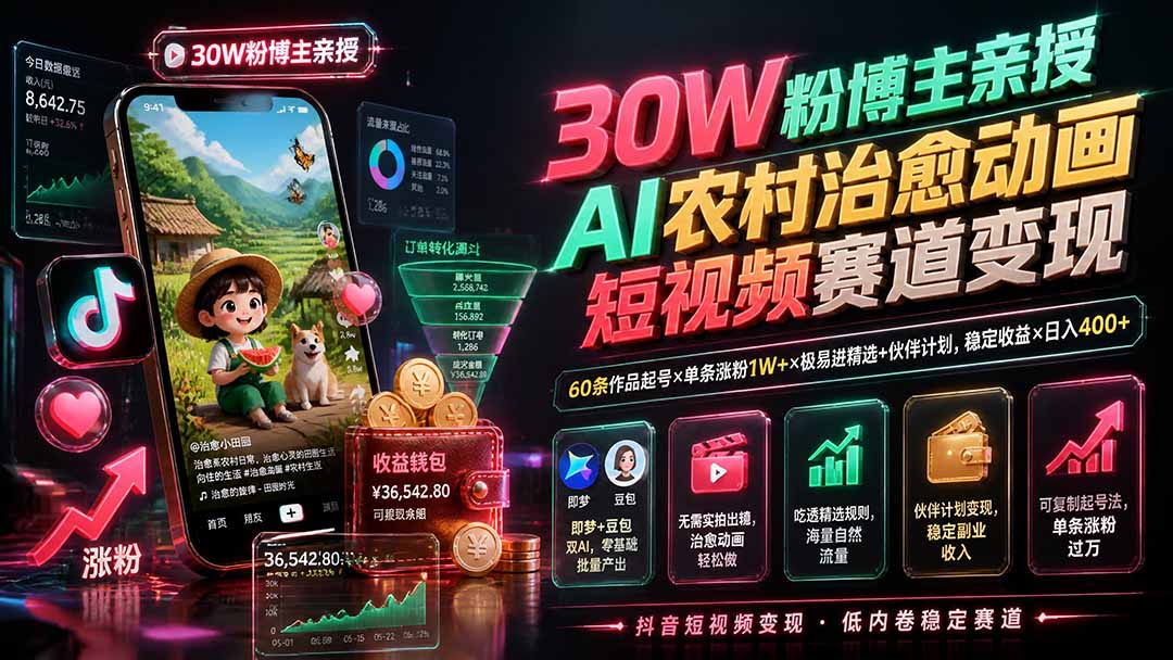 30W粉博主亲授AI农村治愈动画短视频赛道变现：60条作品起号×单条涨粉1W+×极易进精选+伙伴计划，稳定收益×日入400+-创业信息网