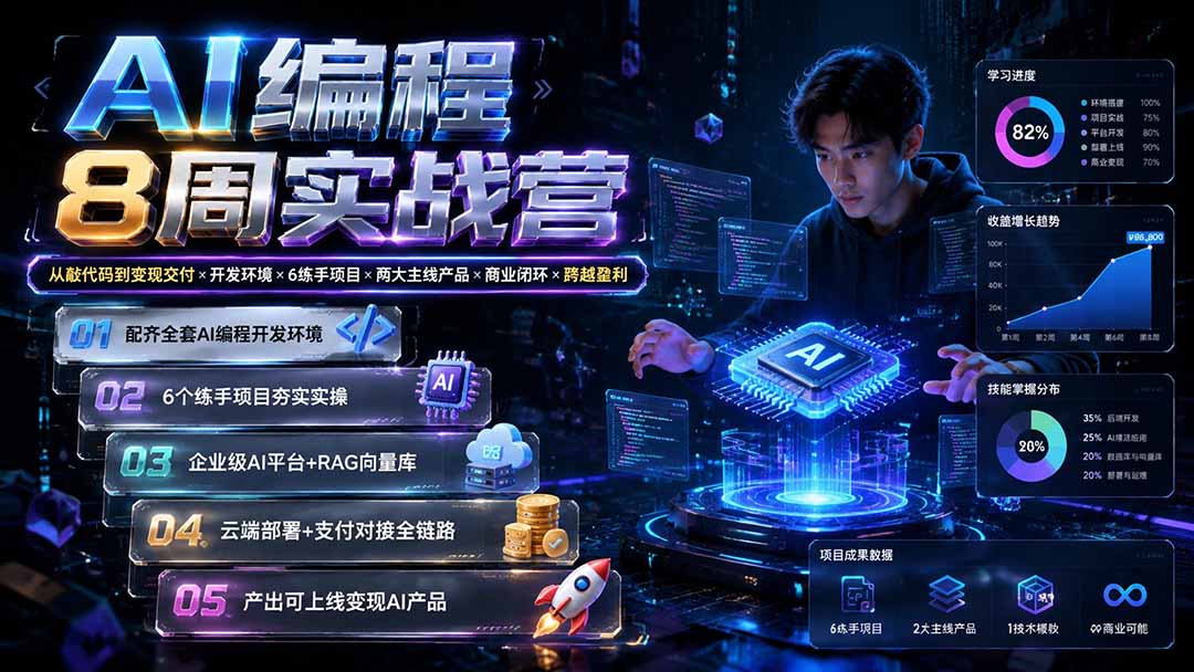 AI编程8周实战营：从敲代码到变现交付×开发环境×6练手项目×两大主线产品×商业闭环×跨越盈利-创业信息网