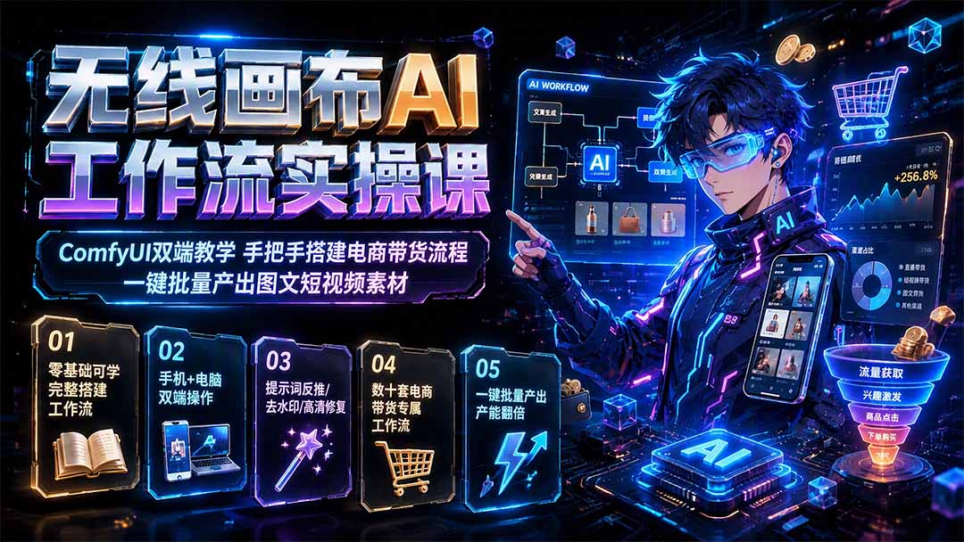 无线画布AI工作流实操课｜ComfyUI双端教学，手把手搭建电商带货流程，一键批量产出图文短视频素材-创业信息网
