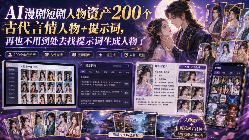 AI漫剧短剧人物资产200个古代言情人物+提示词,再也不用到处去找提示词生成人物了-创业信息网