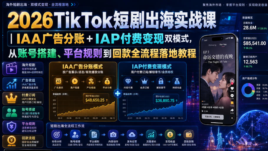 2026TikTok短剧出海实战课｜IAA广告分账+IAP付费变现双模式，从账号搭建、平台规则到回款全流程落地教程-创业信息网
