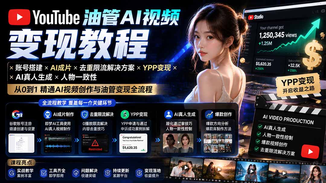 YouTube油管AI视频变现教程:账号搭建×AI成片×去重限流解决方案×YPP变现×AI真人生成×人物一致性-创业信息网