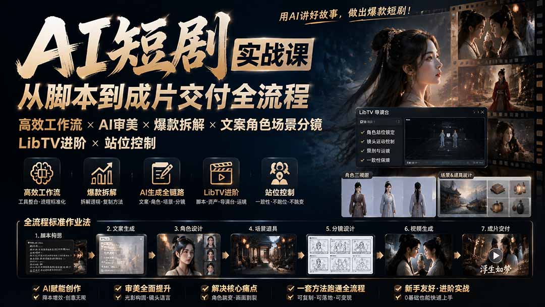 AI短剧实战课:高效工作流×AI审美×爆款拆解×文案角色场景分镜×LibTV进阶×站位控制×从脚本到成片交付全流程-创业信息网