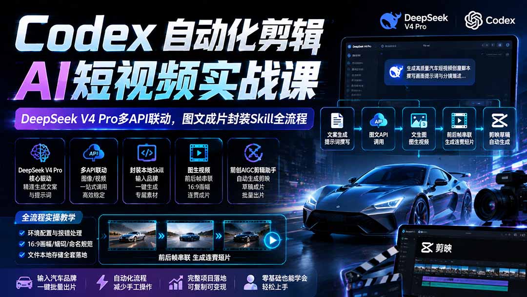 Codex自动化剪辑AI短视频实战课|DeepSeek V4 Pro多API联动,图文成片封装Skill全流程-创业信息网
