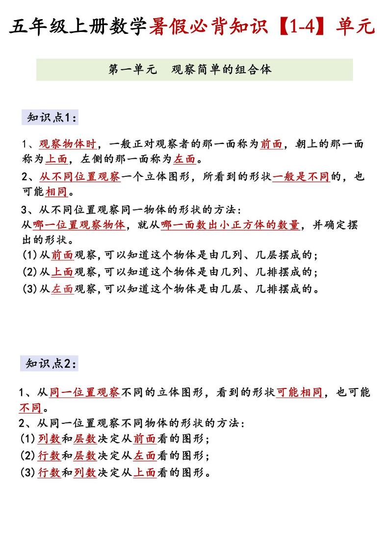 26新五上数学【1-4】单元必背知识《人教版》-创业信息网