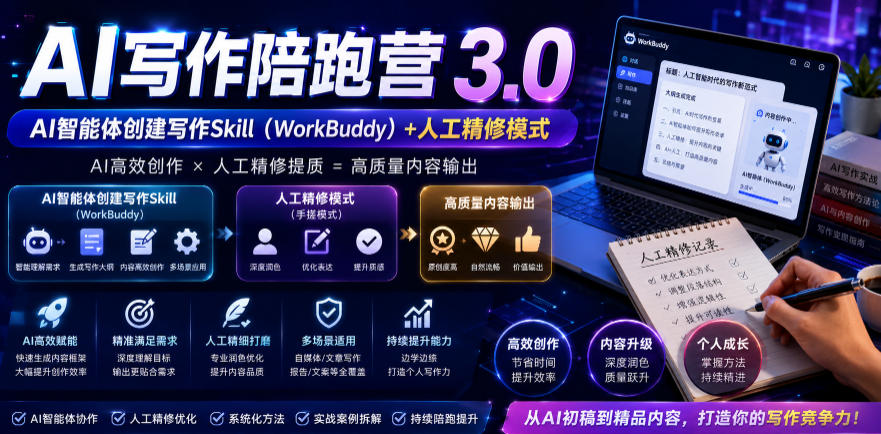 AI写作陪跑营3.0,Ai智能体创建写作skill(workbuddy)+人工手写模式(手搓模式),去除AI痕迹(头条号、公众号、百家号)(更新0806)
