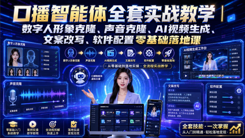 口播智能体全套实战教学｜数字人形象克隆、声音克隆、AI视频生成、文案改写、软件配置零基础落地课-创业信息网