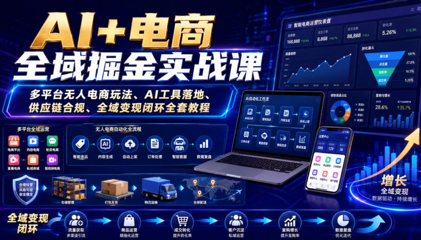 AI+电商全域掘金实战课|多平台无人电商玩法、AI工具落地、供应链合规、全域变现闭环全套教程-创业信息网
