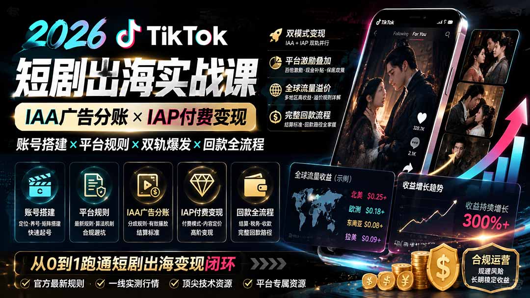 2026TikTok短剧出海实战课:IAA广告分账×IAP付费变现×账号搭建×平台规则×双轨爆发×回款全流程-创业信息网