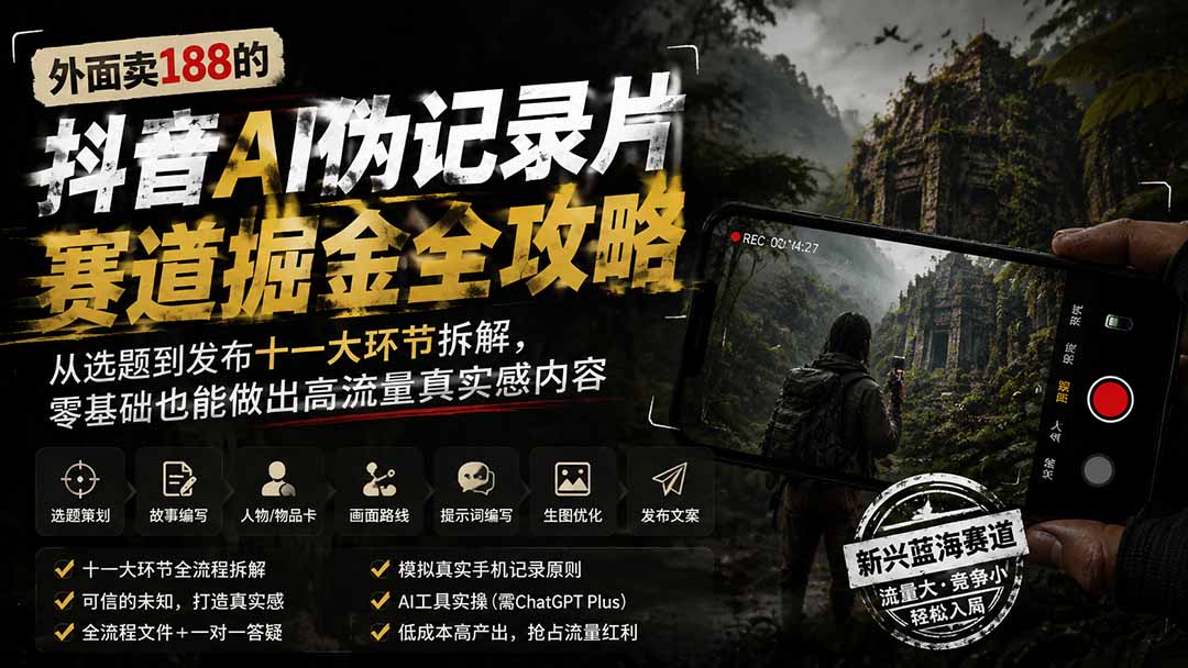 外面卖188的抖音AI伪记录片赛道掘金全攻略；从选题到发布十一大环节拆解，零基础也能做出高流量真实感内容-创业信息网