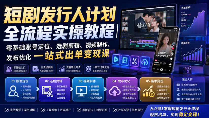 短剧发行人计划全流程实操教程｜零基础账号定位、选剧剪辑、视频制作、发布优化一站式出单变现课​-创业信息网