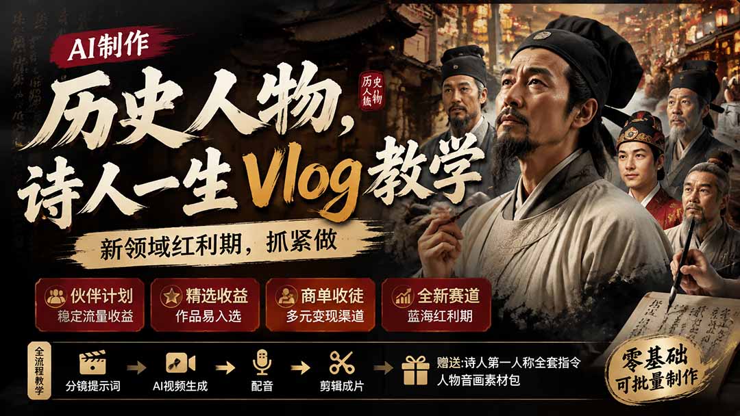历史人物,诗人一生Vlog教学, AI制作丨伙伴计划丨精选收益丨商单收徒 ,新领域红利期,抓紧做-创业信息网
