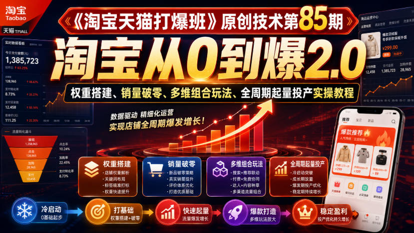 《淘宝天猫打爆班》原创技术第85期，淘宝从0到爆2.0，权重搭建、销量破零、多维组合玩法、全周期起量投产实操教程-创业信息网