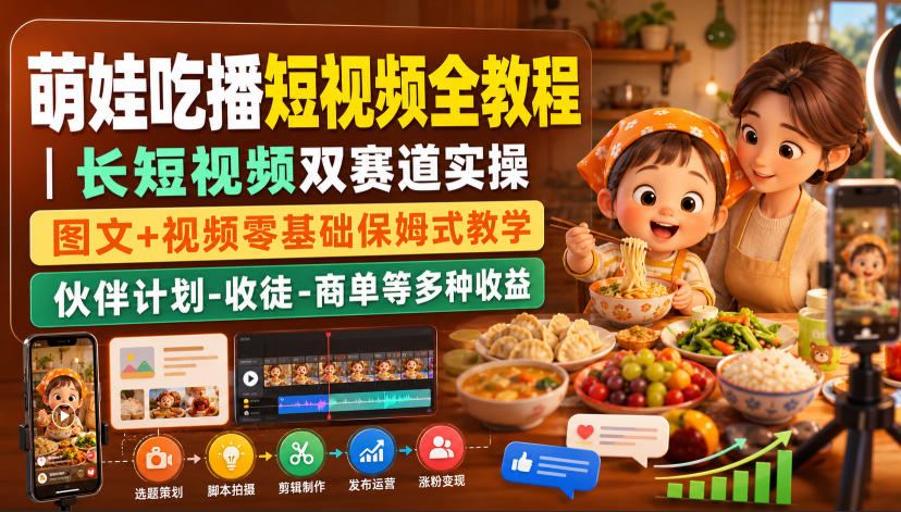 萌娃吃播短视频全教程｜长短视频双赛道实操，图文+视频零基础保姆式教学，伙伴计划-收徒-商单等多种变现方式-创业信息网