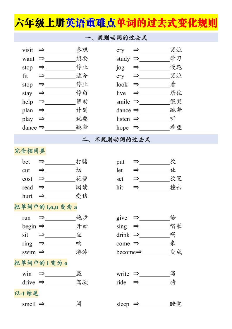 六上英语重点：动词的过去式变化专项-创业信息网