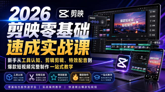 2026剪映零基础速成实战课｜新手从工具认知、剪辑剪辑、特效配音到爆款短视频完整制作一站式教学-创业信息网