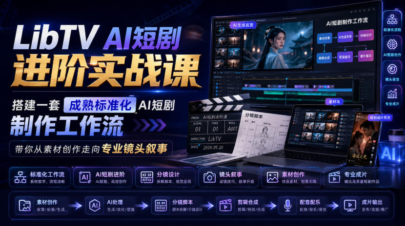 LibTV AI短剧进阶实战课，搭建一套成熟标准化AI短剧制作工作流，带你从素材创作走向专业镜头叙事-创业信息网