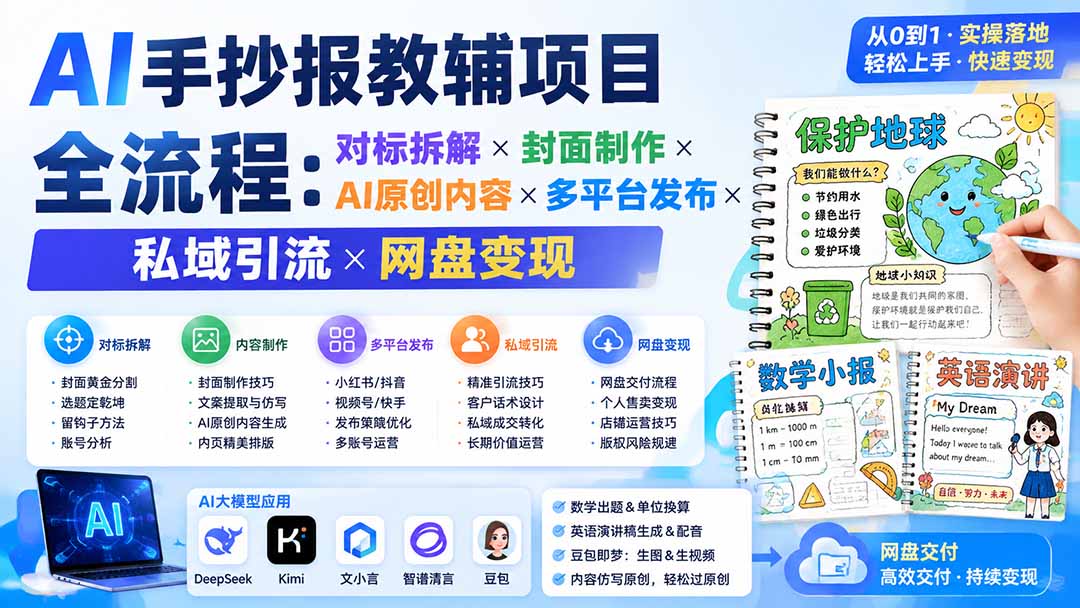 AI手抄报教辅项目全流程：对标拆解×封面制作×AI原创内容×多平台发布×私域引流×网盘变现-创业信息网