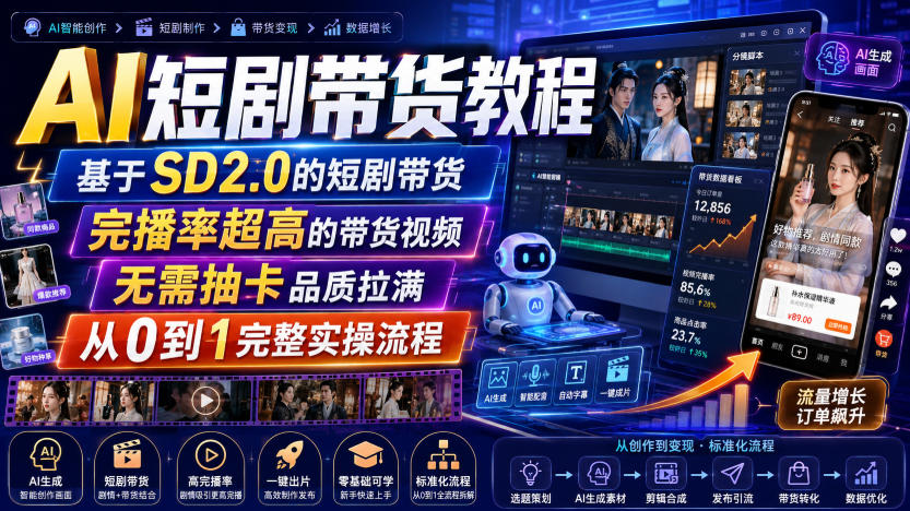 AI短剧带货教程,基于SD2.0的短剧带货,完播率超高的带货视频,无需抽卡品质拉满,从0到1完整实操流程-创业信息网