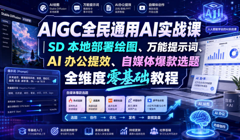 AIGC全民通用AI实战课｜SD本地部署绘图、万能提示词、AI办公提效、自媒体爆款选题全维度零基础教程-创业信息网
