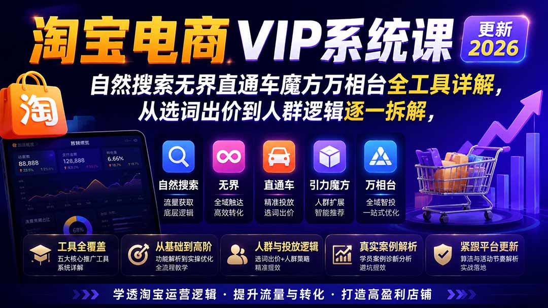 淘宝电商VIP系统课-更新8月；自然搜索无界直通车魔方万相台全工具详解，从选词出价到人群逻辑逐一拆解-创业信息网