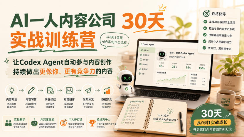 AI一人内容公司30天实战训练营，让Codex Agent自动参与内容创作持续做出更像你、更有竞争力的内容-创业信息网