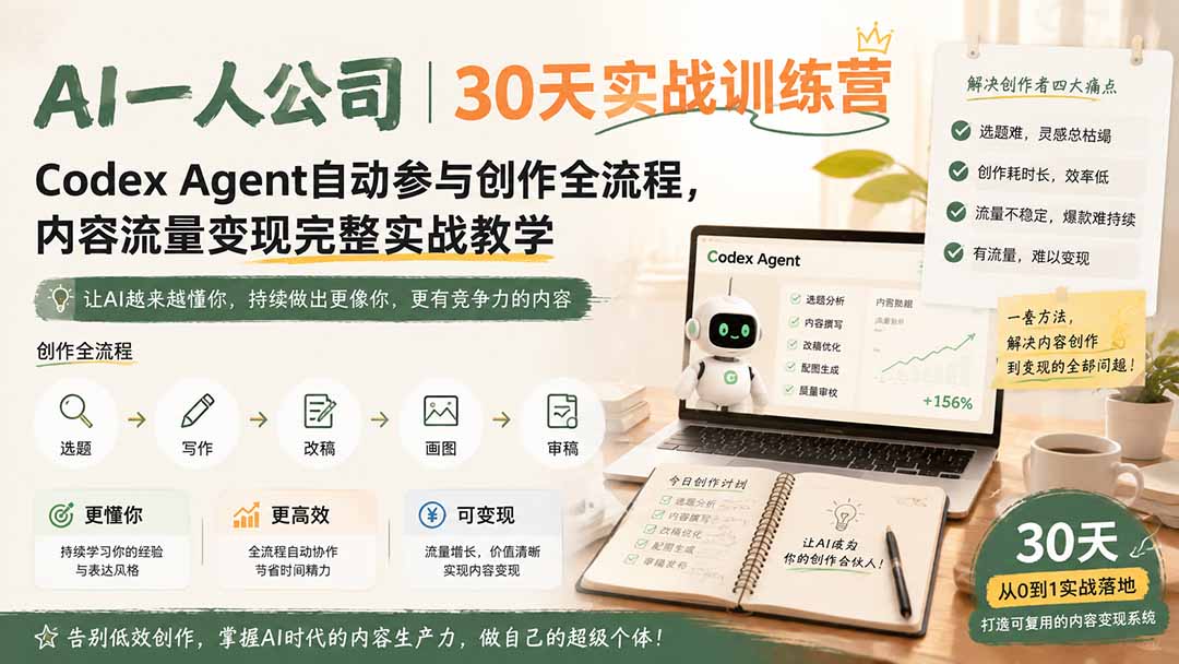 AI一人公司｜30天实战训练营；Codex Agent自动参与创作全流程，内容流量变现完整实战教学-创业信息网