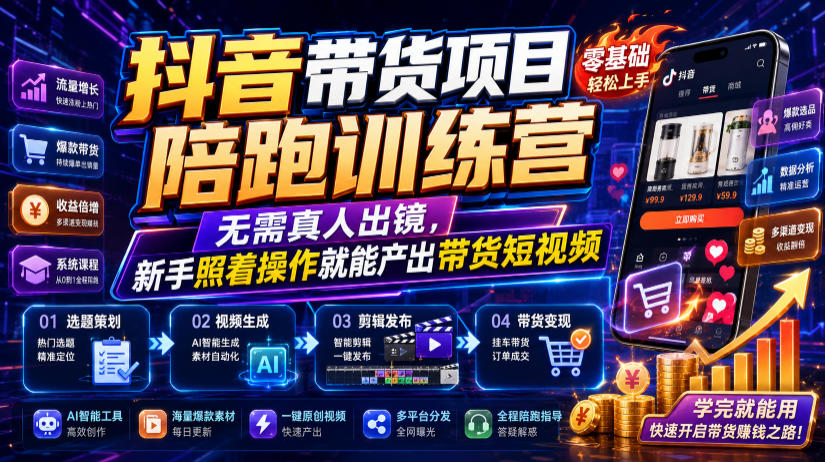 抖音带货项目陪跑训练营,无需真人出镜,新手照着操作就能产出带货短视频(更新0811)-创业信息网